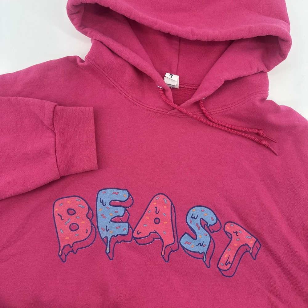Jerzees Hoodie Mens Large Pink Beast Donut MrBeast Graphic Pullover Sweatshirt